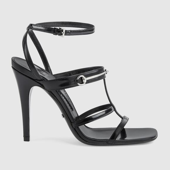 Gucci Leather Horsebit 105mm Strappy Stilettto Heel Sandals Black Women's EU 38 - Picture 1 of 8